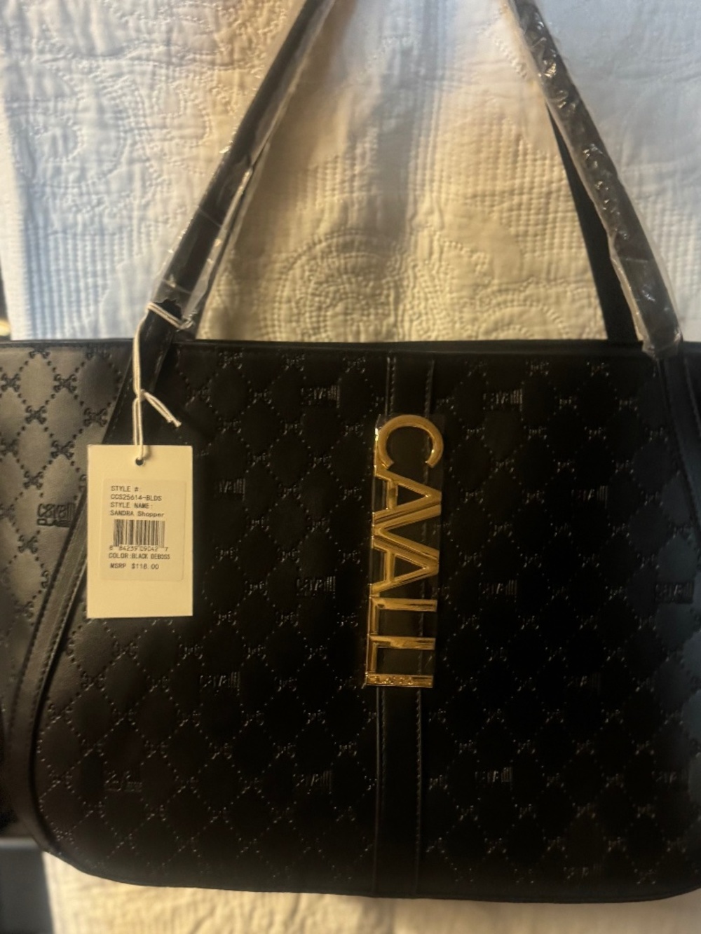 BLACK QUILTED TOTE BAG WITH GOLD LOGO BY CAVELLI